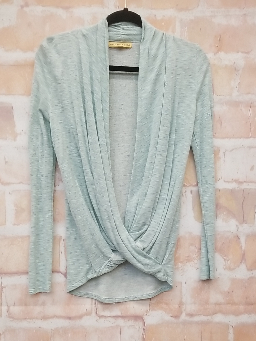 Mesh + Lace Light Blue Draped Twist-Front Cardigan Size XS